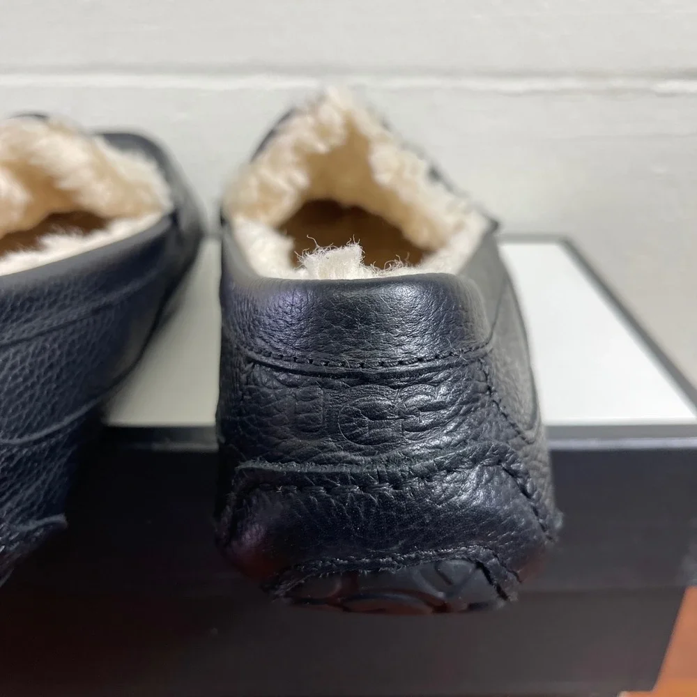 UGG Ascot 5379B Black Leather Moccasin Shearling Slippers Slip On Men's 12